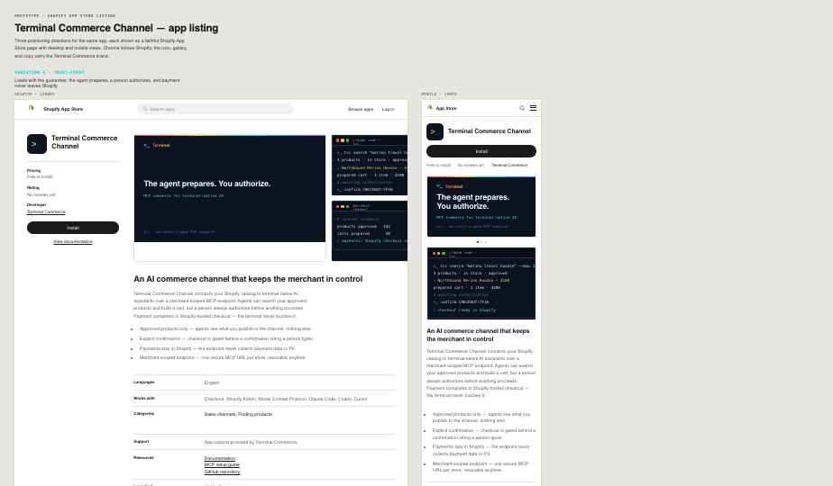 Terminal Commerce Channel on the Shopify App Store — desktop and mobile listing.