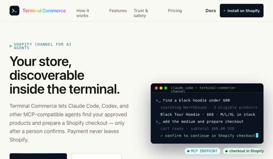 Terminal Commerce Channel marketing site — the live terminal demo in the hero.